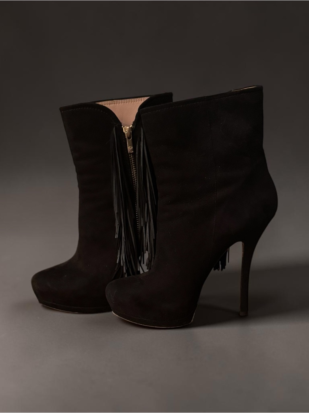 Pura Lopez Black Suede Fringe Platform Ankle Boots